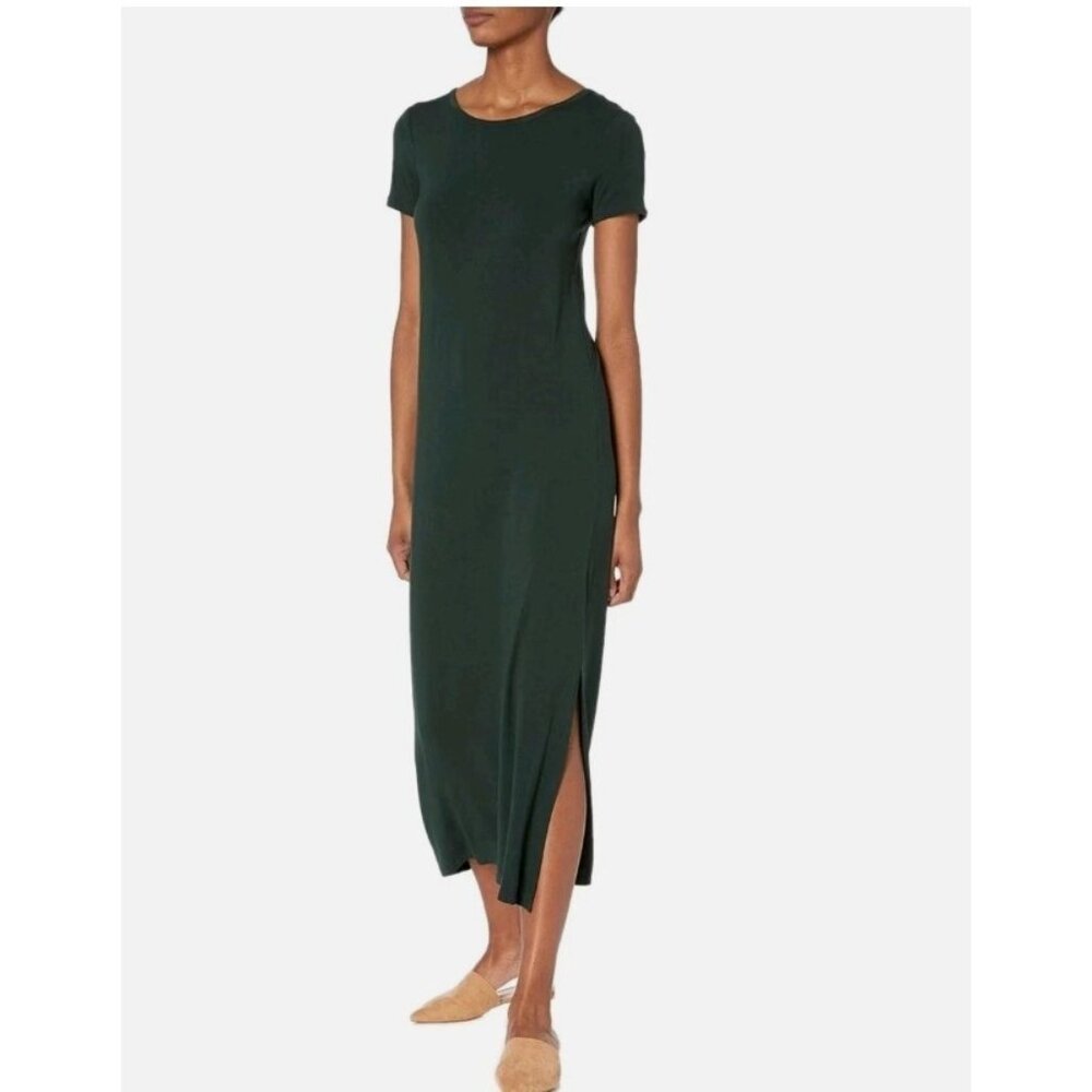Daily Ritual Short Sleeve Jersey Knit Maxi Dress Side Slit Forest Green Medium